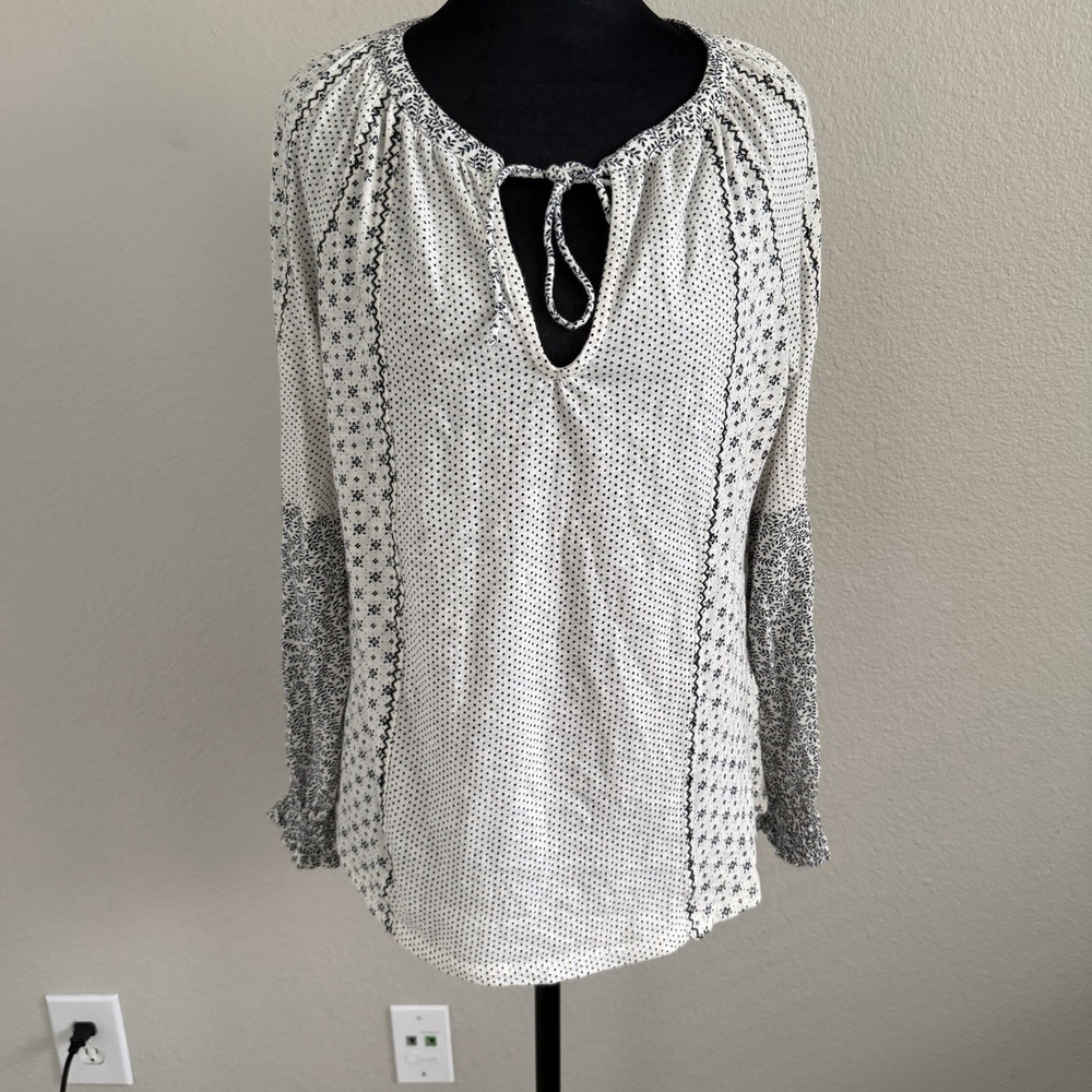 Lucky Brand Women's Medium Top Blouse Boho Embroidered Peasant Tie Front